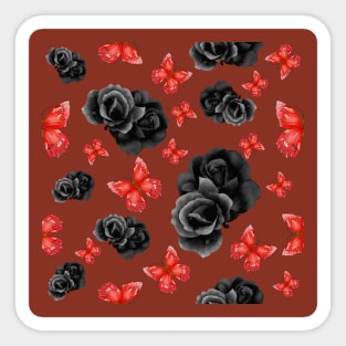 Red Butterflies and Black Roses w/ dark red background Sticker